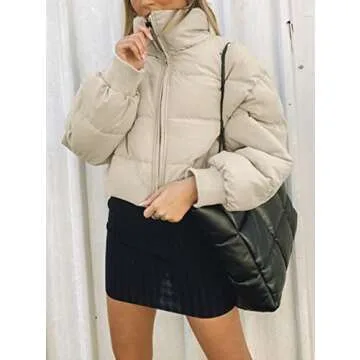 KYL Women's Winter Cropped Puffer Jacket Oversized Zip-Up Quilted Puffy Short Down Coat Beige Small