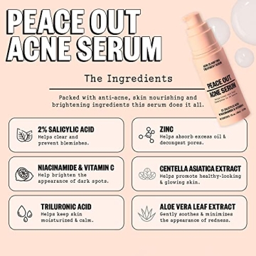 Peace Out Skincare Acne Serum. Daily Multi-Benefit Face Serum with 2% Salicylic Acid to Target Pimples, Zits, Blemishes and Breakouts, For Clearer-Looking Skin 1 fl oz