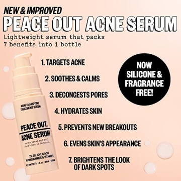 Peace Out Skincare Acne Serum. Daily Multi-Benefit Face Serum with 2% Salicylic Acid to Target Pimples, Zits, Blemishes and Breakouts, For Clearer-Looking Skin 1 fl oz