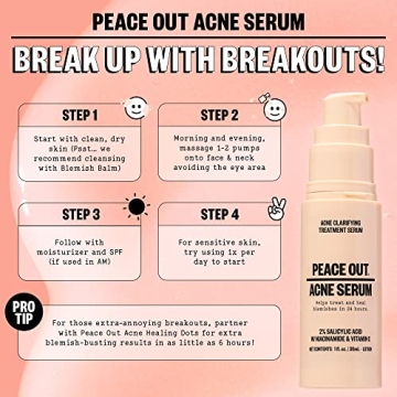 Peace Out Skincare Acne Serum. Daily Multi-Benefit Face Serum with 2% Salicylic Acid to Target Pimples, Zits, Blemishes and Breakouts, For Clearer-Looking Skin 1 fl oz