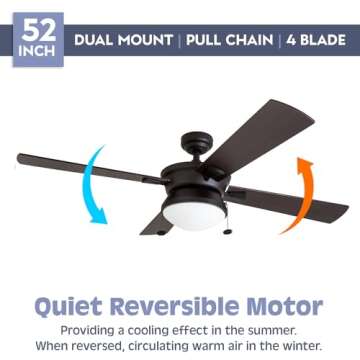 Prominence Home Auletta, 52 Inch Contemporary Indoor Outdoor Ceiling Fan with Light, Pull Chain, Dual Mounting Options, Dual Finish Blades, Reversible Motor - 50345-01 (Matte Black)