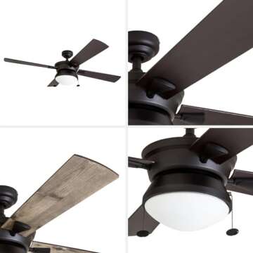 Prominence Home Auletta, 52 Inch Contemporary Indoor Outdoor Ceiling Fan with Light, Pull Chain, Dual Mounting Options, Dual Finish Blades, Reversible Motor - 50345-01 (Matte Black)