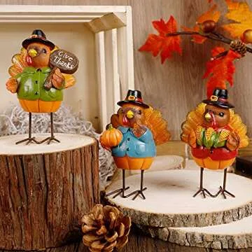FORUP Thanksgiving Turkey Tabletop Centerpiece Decor, Set of 3 Resin Turkey Friends Decoration for Autumn Fall Thanksgiving Harvest Home Decorations