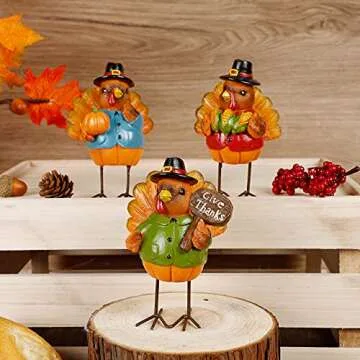 FORUP Thanksgiving Turkey Tabletop Centerpiece Decor, Set of 3 Resin Turkey Friends Decoration for Autumn Fall Thanksgiving Harvest Home Decorations
