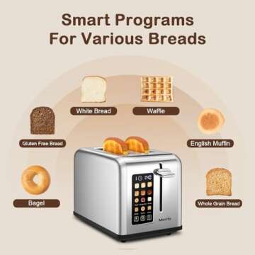 Mecity 2 Slice Toaster Touch Screen 1.5" Wide Slot, Stainless Steel Smart Bread Toaster for Bagel Muffin Waffle Gluten Free Breads, Timer, Defrost, Reheat, 120V 825W