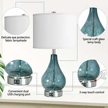 QiMH Glass Table Lamp for Living Room Bedroom Set of 2, 22.5" LED Light with Touch Control, Blue 3 Way Dimmable Modern Bedside Lamps for Home Decor with White Fabric Shade