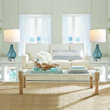 QiMH Glass Table Lamp for Living Room Bedroom Set of 2, 22.5" LED Light with Touch Control, Blue 3 Way Dimmable Modern Bedside Lamps for Home Decor with White Fabric Shade