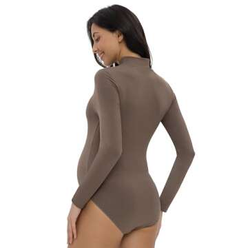Foucome Women's Maternity Bodysuit Mock Turtle Neck Long Sleeve Tops Jumpsuit Pregnancy Stretchy Basic Body Suit Shirt, Brown, L