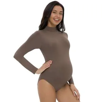 Foucome Women's Maternity Bodysuit Mock Turtle Neck Long Sleeve Tops Jumpsuit Pregnancy Stretchy Basic Body Suit Shirt, Brown, L