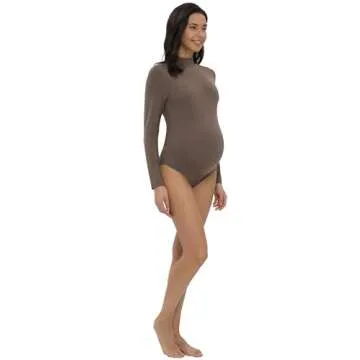 Foucome Women's Maternity Bodysuit Mock Turtle Neck Long Sleeve Tops Jumpsuit Pregnancy Stretchy Basic Body Suit Shirt, Brown, L
