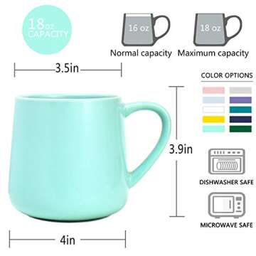 Bosmarlin Large Glossy Ceramic Coffee Mug, Tea Cup for Office and Home, 18 oz, Suitable for Dishwasher and Microwave(Mint Green, 1)