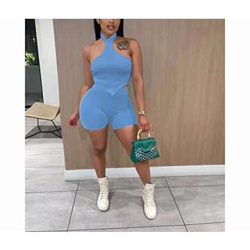 IyMoo Sexy Two Piece Outfits for Women Lounge Sets - Summer Short Sets and Sleeveless Cut Out Letter Print Tank Crop Tops Tracksuit 2 Piece Workout Sets Party Club Outfits Jumpsuit Romper Blue, L