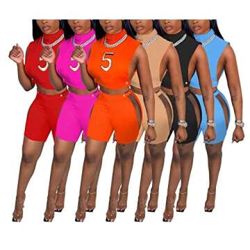 IyMoo Sexy Two Piece Outfits for Women Lounge Sets - Summer Short Sets and Sleeveless Cut Out Letter Print Tank Crop Tops Tracksuit 2 Piece Workout Sets Party Club Outfits Jumpsuit Romper Blue, L