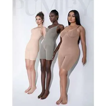 PUMIEY Shapewear Bodysuit for Women Tummy Control V-Neck With Open Gusset Sculpting Bodysuit Mid Thigh Butt Lifter, Latte, Small-Medium