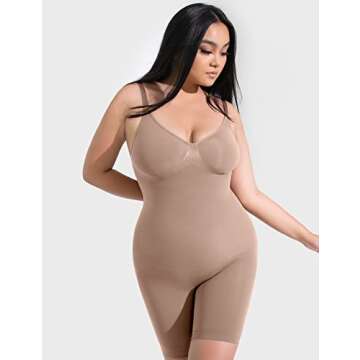 PUMIEY Shapewear Bodysuit for Women Tummy Control V-Neck With Open Gusset Sculpting Bodysuit Mid Thigh Butt Lifter, Latte, Small-Medium