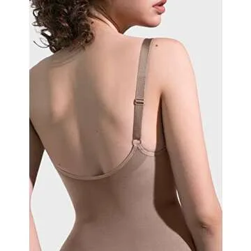 PUMIEY Shapewear Bodysuit for Women Tummy Control V-Neck With Open Gusset Sculpting Bodysuit Mid Thigh Butt Lifter, Latte, Small-Medium