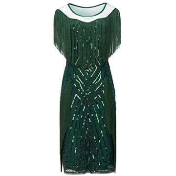 BABEYOND 1920s Gatsby Long Fringe Flapper Dress - Roaring 20s Sequins Beaded Vintage Art Deco Dark Green