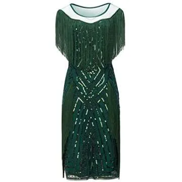 BABEYOND 1920s Gatsby Long Fringe Flapper Dress - Roaring 20s Sequins Beaded Vintage Art Deco Dark Green