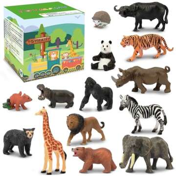Toymany 14PCS 1-2" Tiny Jungle Animal Figures Toy, Realistic Mini Jungle Zoo Animal Figurines Cake T...