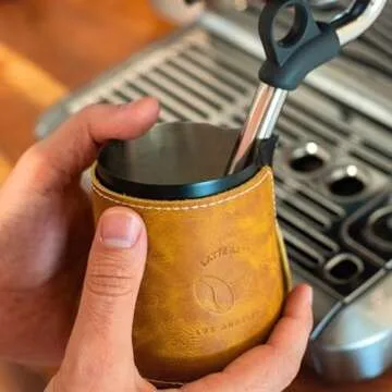 Handleless Milk Frothing Pitcher - Stainless Steel Espresso Milk Pitcher - Milk Jug for Latte Pen Quality Latte Art - 450ml/15.2oz Eagle Spout Leather Wrap - Espresso Accessories - Latte Art Tools