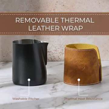 Handleless Milk Frothing Pitcher - Stainless Steel Espresso Milk Pitcher - Milk Jug for Latte Pen Quality Latte Art - 450ml/15.2oz Eagle Spout Leather Wrap - Espresso Accessories - Latte Art Tools