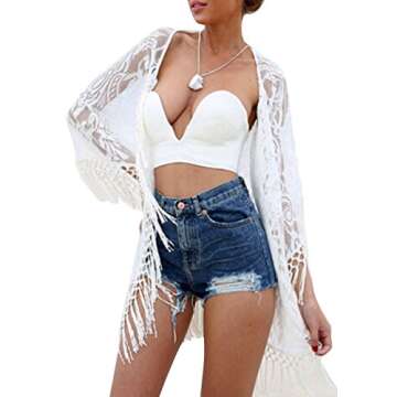 Upopby Women Lace Beachwear Cover Up Swimwear Swimsuit Bikini Kimono Cardigan XL White