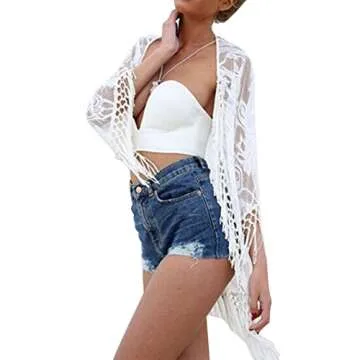 Upopby Women Lace Beachwear Cover Up Swimwear Swimsuit Bikini Kimono Cardigan XL White