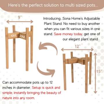 Sona Home Adjustable Mid Century Plant Stand, 3 Sizes, 3 Colors - Modern Plant Stand Indoor Outdoor,...