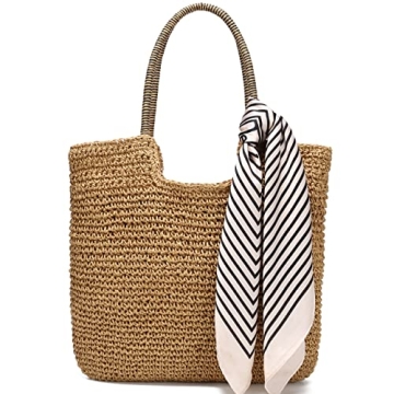 Rejolly Straw Tote Bag for Women Beach Summer Vacation Boho Rattan Handbags with Scarf Large Woven S...