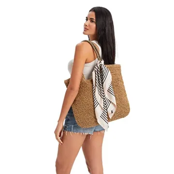 Rejolly Straw Tote Bag for Women Beach Summer Vacation Boho Rattan Handbags with Scarf Large Woven Shoulder Purse Zipper Closure Khaki