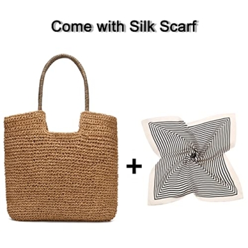 Rejolly Straw Tote Bag for Women Beach Summer Vacation Boho Rattan Handbags with Scarf Large Woven Shoulder Purse Zipper Closure Khaki