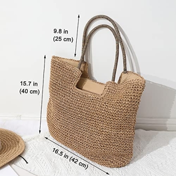 Rejolly Straw Tote Bag for Women Beach Summer Vacation Boho Rattan Handbags with Scarf Large Woven Shoulder Purse Zipper Closure Khaki