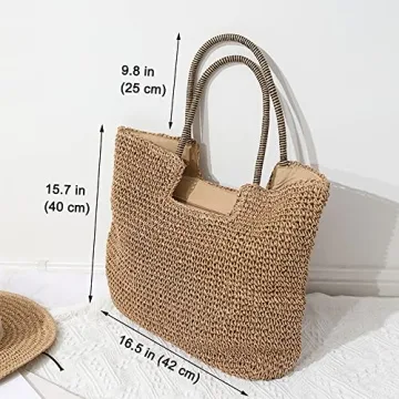 Rejolly Straw Tote Bag for Women Beach Summer Vacation Boho Rattan Handbags with Scarf Large Woven Shoulder Purse Zipper Closure Khaki