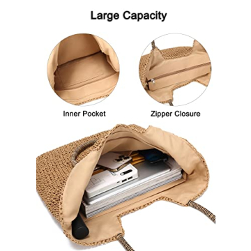Rejolly Straw Tote Bag for Women Beach Summer Vacation Boho Rattan Handbags with Scarf Large Woven Shoulder Purse Zipper Closure Khaki