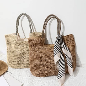 Rejolly Straw Tote Bag for Women Beach Summer Vacation Boho Rattan Handbags with Scarf Large Woven Shoulder Purse Zipper Closure Khaki