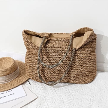 Rejolly Straw Tote Bag for Women Beach Summer Vacation Boho Rattan Handbags with Scarf Large Woven Shoulder Purse Zipper Closure Khaki