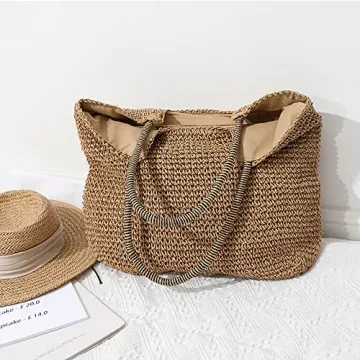 Rejolly Straw Tote Bag for Women Beach Summer Vacation Boho Rattan Handbags with Scarf Large Woven Shoulder Purse Zipper Closure Khaki