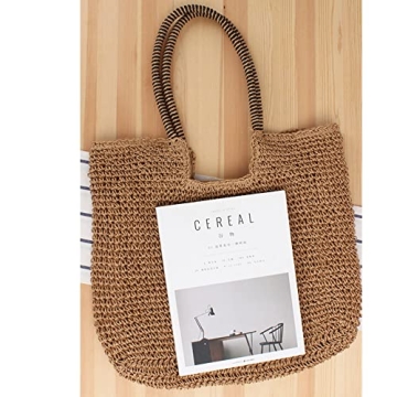 Rejolly Straw Tote Bag for Women Beach Summer Vacation Boho Rattan Handbags with Scarf Large Woven Shoulder Purse Zipper Closure Khaki