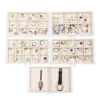 Cq acrylic Jewelry Organizer With 5 Drawers,Earring Storage Box Jewelry Box Organizer Storage Holder Compartment Transparent Display Storage Case for Earrings Necklace Ring Bracelet,Beige