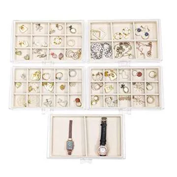 Cq acrylic Jewelry Organizer With 5 Drawers,Earring Storage Box Jewelry Box Organizer Storage Holder Compartment Transparent Display Storage Case for Earrings Necklace Ring Bracelet,Beige