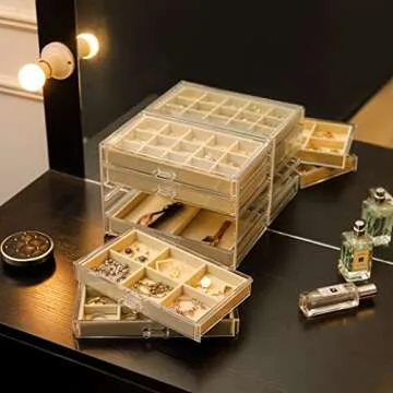 Cq acrylic Jewelry Organizer With 5 Drawers,Earring Storage Box Jewelry Box Organizer Storage Holder Compartment Transparent Display Storage Case for Earrings Necklace Ring Bracelet,Beige