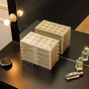 Cq acrylic Jewelry Organizer With 5 Drawers,Earring Storage Box Jewelry Box Organizer Storage Holder Compartment Transparent Display Storage Case for Earrings Necklace Ring Bracelet,Beige