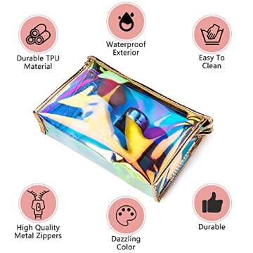 WestonBasics Holographic Iridescent Makeup Pouch | Portable Waterproof Cosmetic Bag Set for Women, Ladies & Bridesmaids | Clear Pouch for Travel, Toiletry | Large Clear Makeup Bags with Zipper