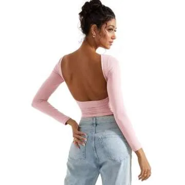 SUUKSESS Women Backless Going Out Tops Double Lined Open Back Basic Long Sleeve T Shirts (Blush, XS)
