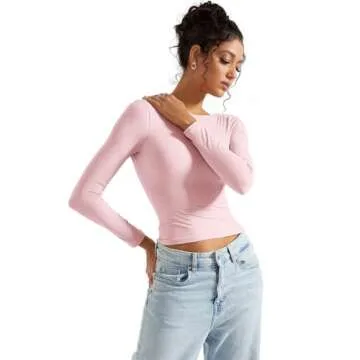 SUUKSESS Women Backless Going Out Tops Double Lined Open Back Basic Long Sleeve T Shirts (Blush, XS)