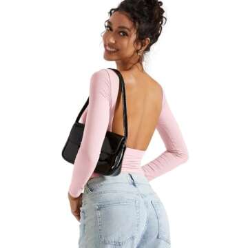 SUUKSESS Women Backless Going Out Tops Double Lined Open Back Basic Long Sleeve T Shirts (Blush, XS)