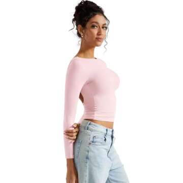 SUUKSESS Women Backless Going Out Tops Double Lined Open Back Basic Long Sleeve T Shirts (Blush, XS)