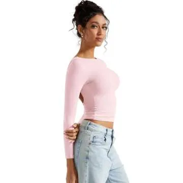 SUUKSESS Women Backless Going Out Tops Double Lined Open Back Basic Long Sleeve T Shirts (Blush, XS)