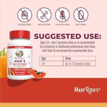 MaryRuth Organics Mens Multivitamins Gummies | Vegan Mens Vitamins | Mens Daily Multivitamins for Immune Support | Non-GMO & Gluten Free Vitamins for Men | 0g Sugar Per Serving | 60 Count