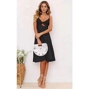 ECOWISH Women 2024 Summer Dresses Tie Front V-Neck Spaghetti Strap Button Down A-Line Backless Swing Midi Dress 572 Black L